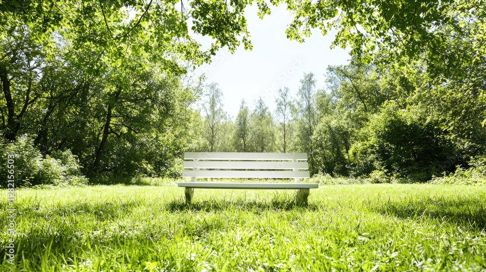 White bench in sunny park, green grass, trees. Relaxing nature scene for websites White bench in sunny park, green grass, trees. Relaxing nature scene for websites
