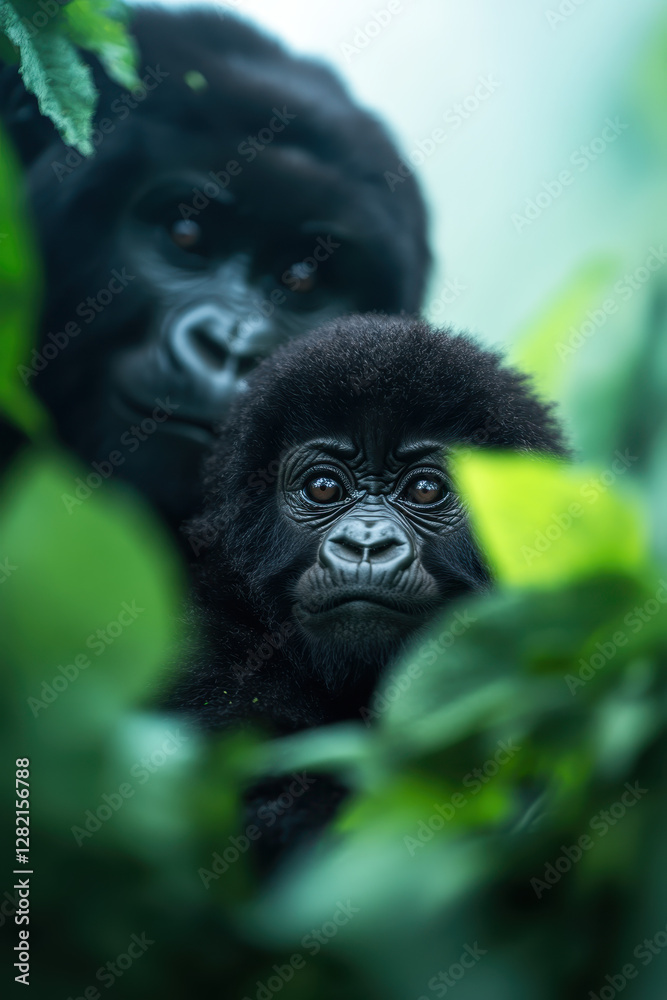 Obraz premium Tender Moment Between Gorilla Mother and Baby in Lush Greenery