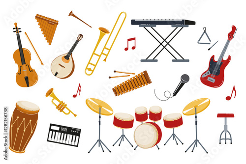 Variety of musical instruments laid out on a white background for creative design projects