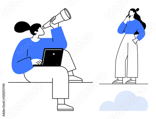 One person using a telescope while holding a laptop, another person pondering. Ideal for exploration, innovation, curiosity, research, future planning, vision decision-making. Abstract line flat
