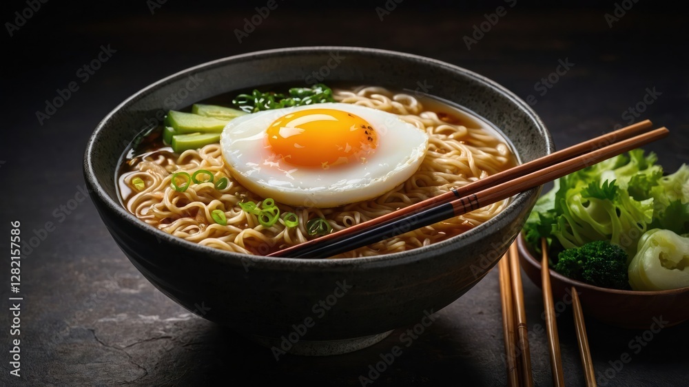 A bowl of ramen topped with a fried egg, garnished with green onions and cucumber. A bowl of ramen topped with a fried egg, garnished with green onions and cucumber.