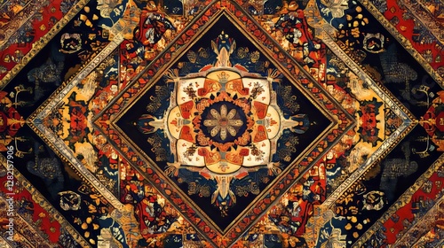 Seamless geometric tapestry with intricate designs, warm and rich, detailed and symmetrical, textured and cultural, vibrant and artistic, traditional and bold