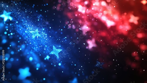 Blue stars streak across red bokeh background; holiday celebration graphic