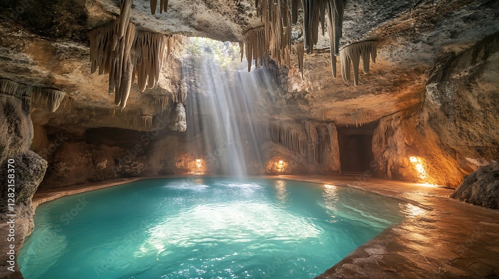 Naklejka premium A stunning cave pool with turquoise water, stalactites hanging from the ceiling, and light streaming in from above
