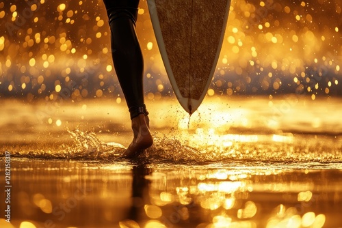 Surfer Walking on Shore at Sunset with Glowing Waves and Sparkling Water Droplets