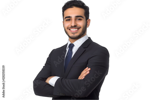 Portrait a smiling young Saudi successful businessman in suit, standing arms crossed, isolated on transparent background