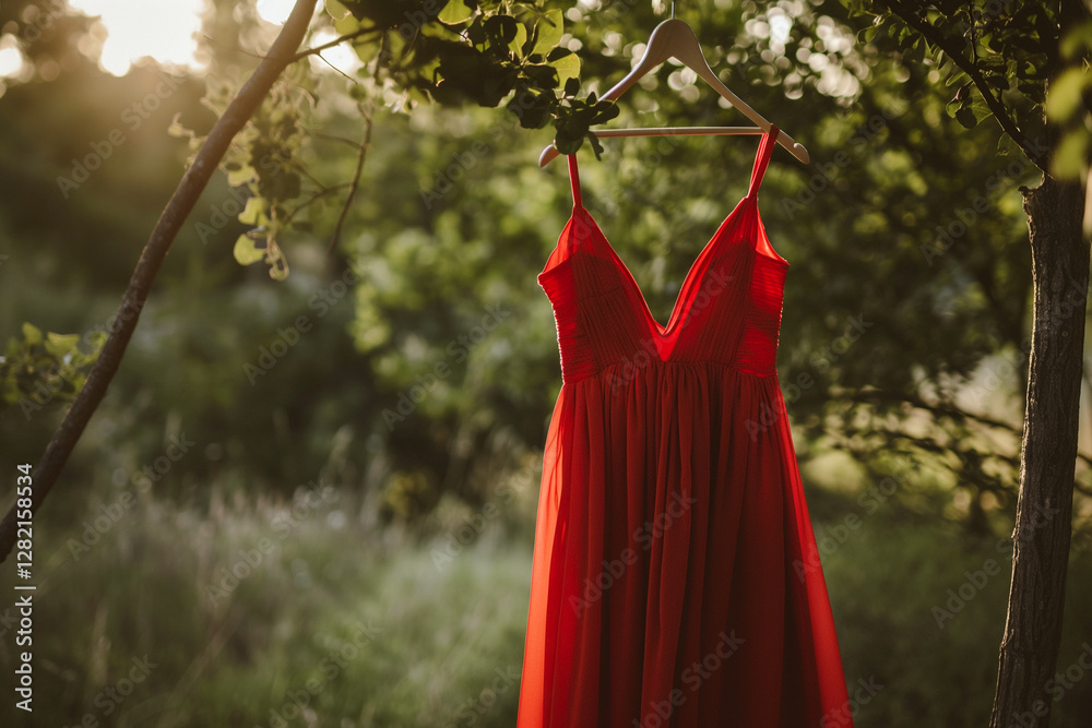 Red dress on a hanger, suspended from a tree branch. Red dress day concept Red dress on a hanger, suspended from a tree branch. Red dress day concept