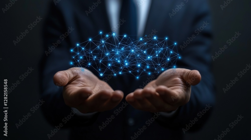Naklejka premium Businessman holds network graphic in open hands