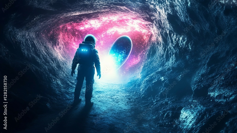 Fototapeta premium Space explorer discovering alien artifact in glowing cave, mysterious and cosmic, thrilling adventure