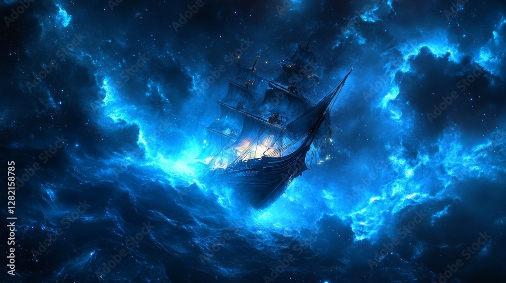 Fototapeta premium Space pirate ship glowing in cosmic storm, mysterious and adventurous, sleek and dangerous