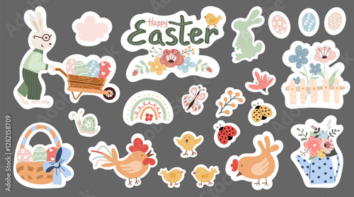 Festive Easter sticker pack featuring bunnies, flowers, and colorful eggs for spring celebrations