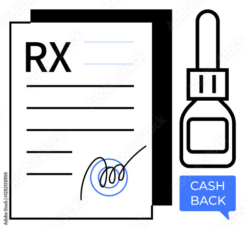 RX slip with signature beside medication bottle and cashback. Ideal for pharmacies, medical billing, e-prescription, insurance claims, healthcare discounts, medical promotions, customer incentives