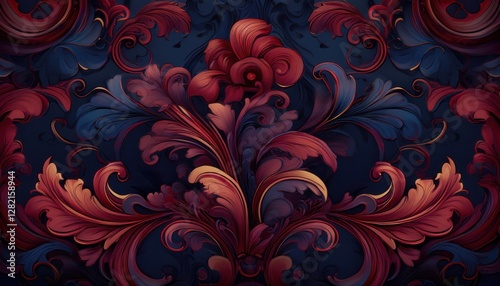 A dark, rich background featuring intricate baroque-style ornaments, creating a gothic and luxurious atmosphere with ornate details.
