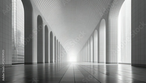 Modern Minimalist Hallway with Archways and Light-Infused Architecture in a Futuristic Setting