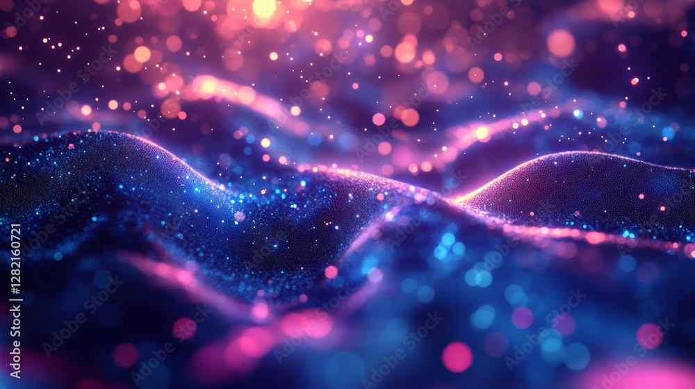 Vibrant digital background with blue glowing particles, soft bokeh effect, deep gradients, cosmic atmosphere, dreamy and dynamic, bright and inviting, abstract and