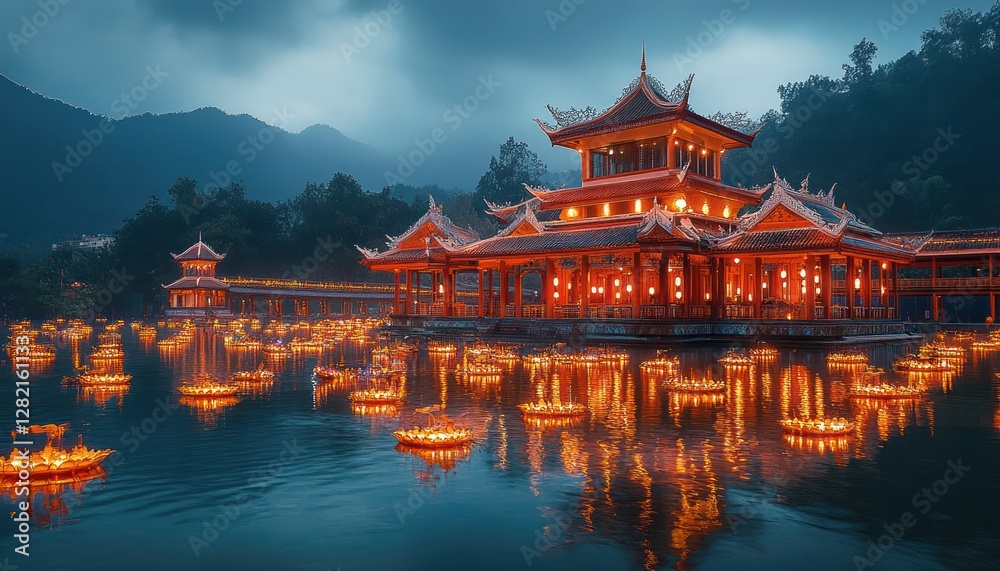 Serene Illuminated Temple Reflections in Tranquil Waters at Dusk with Floating Lanterns Serene Illuminated Temple Reflections in Tranquil Waters at Dusk with Floating Lanterns