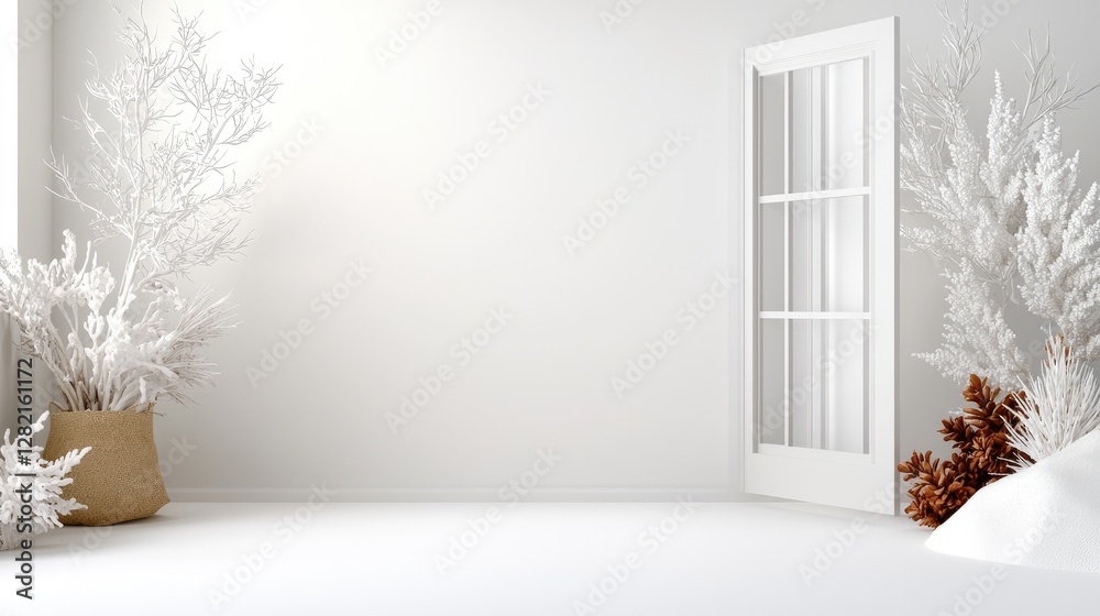 Minimalist Winter Scene, Empty Room, White Decor, Display Minimalist Winter Scene, Empty Room, White Decor, Display