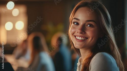 A lovely European woman coach conducts a staff seminar, solicits feedback, answers questions from participants in a corporate workshop, smiles, and enjoys an engaging discussion in the boardroom of th