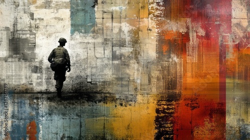Silhouette of a soldier against an abstract urban landscape