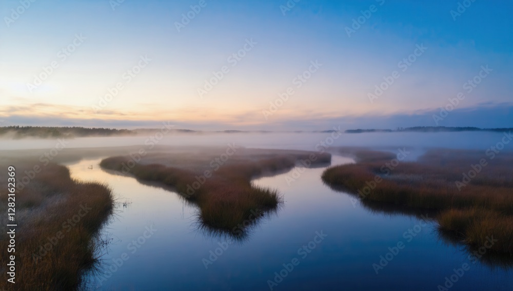 Fototapeta premium Misty sunrise over wetlands with a peaceful and serene landscape. A tranquil nature scene showcasing early morning light and foggy reflections