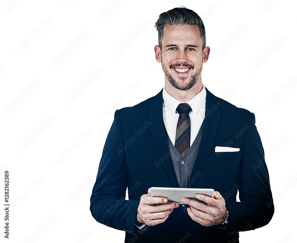 Tablet, portrait and businessman in studio for finance report with email for communication with client. Technology, investment and financial manager with contact for profit growth by white background Tablet, portrait and businessman in studio for finance report with email for communication with client. Technology, investment and financial manager with contact for profit growth by white background