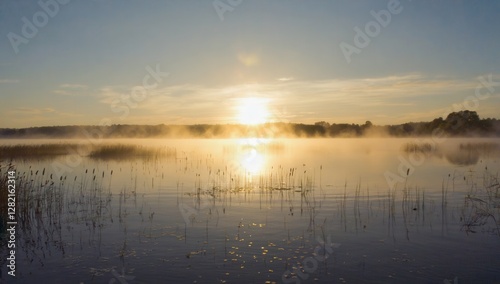 Sunrise over a calm lake with beautiful reflections on the water, capturing the peaceful essence of early morning nature