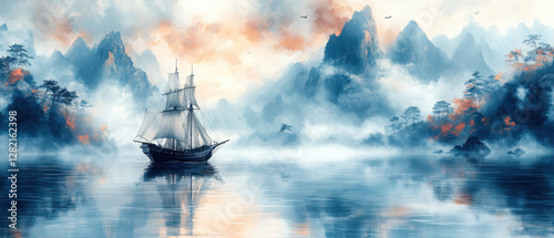Misty mountain lake scene with sailboat