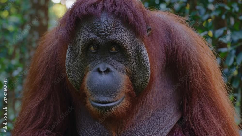 Slow Motion Orangutan Standing Still in a Forest – Majestic Primate with Thick Reddish Fur, Serene Jungle Atmosphere, Lush Green Foliage Surrounding, Gentle Expression, Tranquil Wildlife Scene