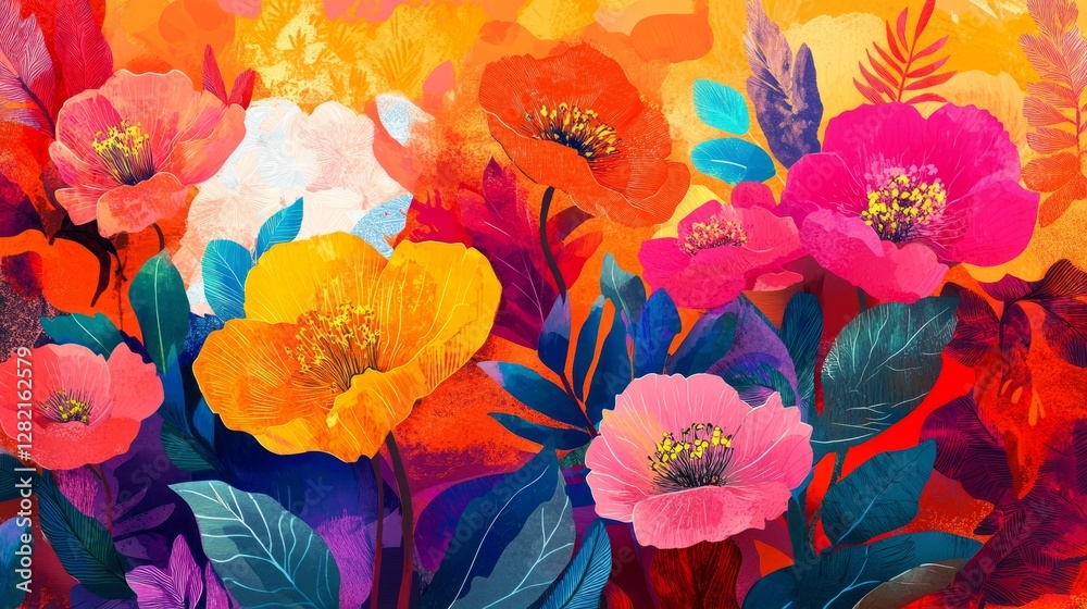 vivid floral illustrations with bold contrasts, artistic and vibrant composition, textured and radiant design, cheerful and modern atmosphere vivid floral illustrations with bold contrasts, artistic and vibrant composition, textured and radiant design, cheerful and modern atmosphere