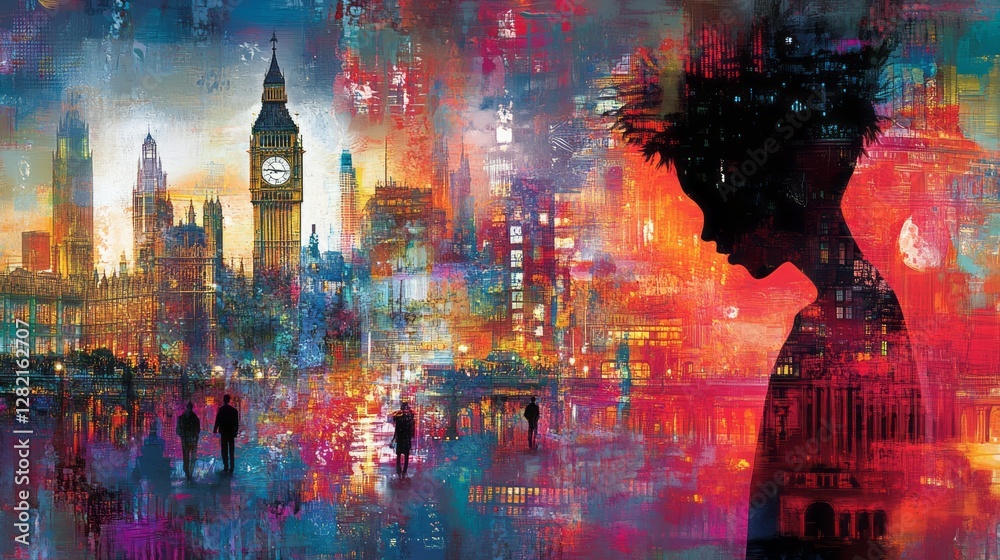 Obraz premium Colorful painting of london cityscape with figure silhouette overlay