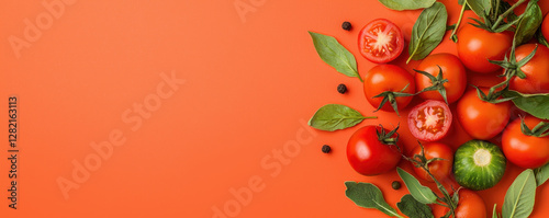 Fresh Red Tomatoes with Green Leaves on Bright Orange Background