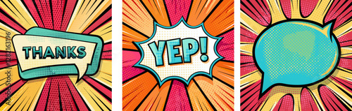 Set of vivid empty comic book speech bubble, Yep and Thanks bold text on retro pop art background, for socail media posts and poster design