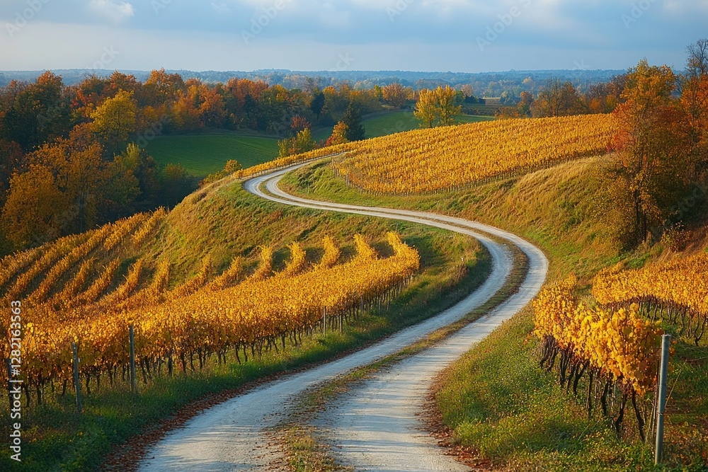 Naklejka premium Winding Country Road Through Vibrant Autumn Vineyard Landscape in Scenic Nature Setting