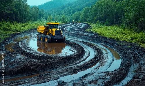Heavy Machinery Working on a Wet Dirt Road Surrounded by Lush Greenery and Mountains
