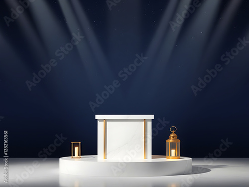 Minimalist podium with a backdrop of soft light beams.