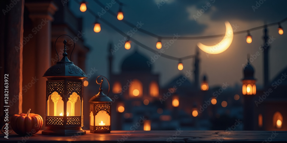 Obraz premium Ramadan Design Assets, Fanous (Ramadan lantern) with mosque on the background, Ramadan invitations, high quality, 4K, with an empty area to add your text