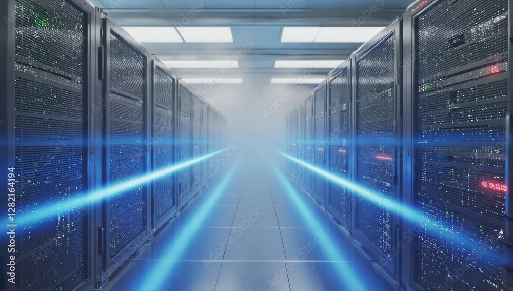 Fototapeta premium Futuristic data center with blue laser light beams and fog