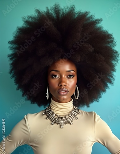 Stylish black woman with huge afro, bold fashion jewelry. Portrait model with confident expression. Glamorous, sensual style. Creative portrait evoking hip-hop culture. Contemporary beauty concept.