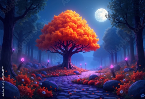 Enchanted orange tree stands in mystical forest path under moonlight. Purple lights illuminate foliage. Autumnal scene. Pathway of stones leads through woods. Magical, vibrant. Peaceful garden