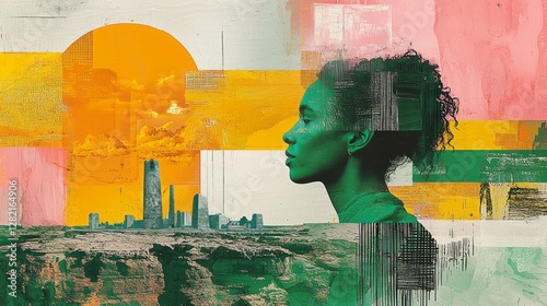 Green hued woman contemplates an arid landscape and ruined city