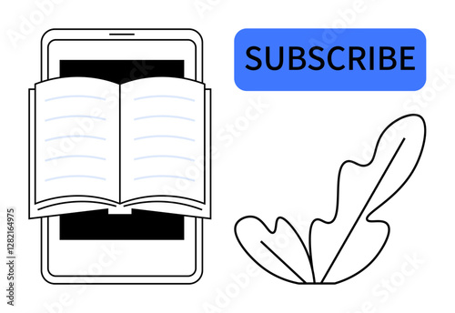 Open book over tablet, blue subscribe button, and abstract leaf. Ideal for digital reading, online subscriptions, e-books, elearning, newsletters digital literacy content marketing. Abstract line