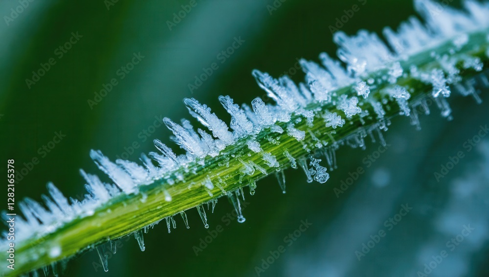 A frost-covered leaf with delicate ice crystals, capturing the essence of early winter mornings and the transition of seasons A frost-covered leaf with delicate ice crystals, capturing the essence of early winter mornings and the transition of seasons