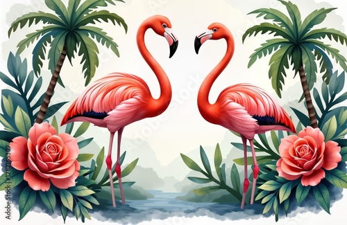 Two pink flamingos stand in tropical setting. Plants, palm trees surround. Beautiful roses add touch of floral beauty. Illustration evokes sense of exotic nature, summer. Water flows through jungle