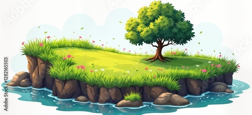 Colorful illustration shows small island with green grass, flowers. Calm blue water surrounds island. Large tree stands in middle. Perfect for children books, nature illustrations, educational