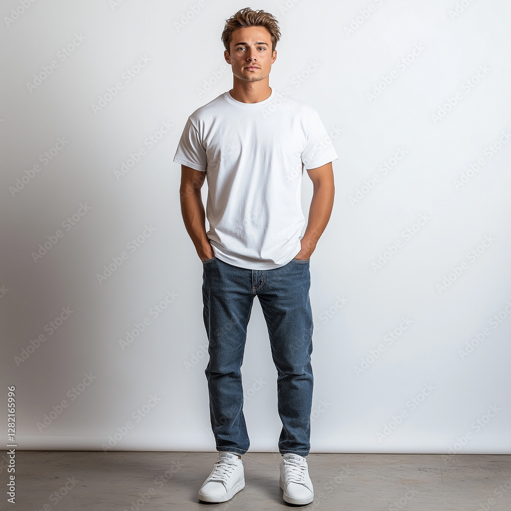 白いTシャツを着たハンサムな男性 白いTシャツを着たハンサムな男性