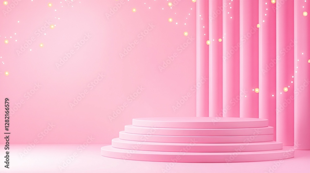 Fototapeta premium A pink display platform with soft lights and columns background