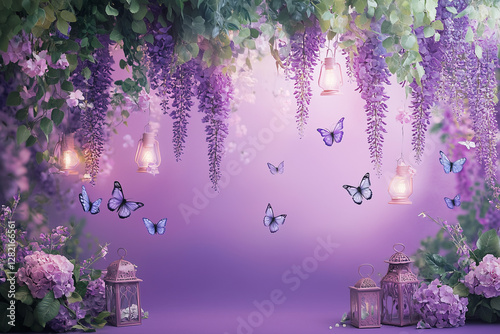 Purple backdrop with wisteria flowers, fairy lights and butterflies