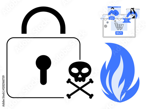 Large black lock with keyhole, skull and crossbones, blue flame, people at computer with shopping cart. Ideal for cybersecurity, online shopping, internet safety, antivirus software, data protection
