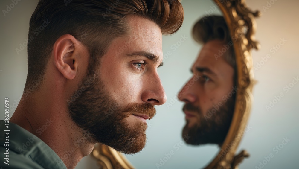 Man with beard gazes thoughtfully into an ornate mirror reflecting his profile in soft lighting Man with beard gazes thoughtfully into an ornate mirror reflecting his profile in soft lighting