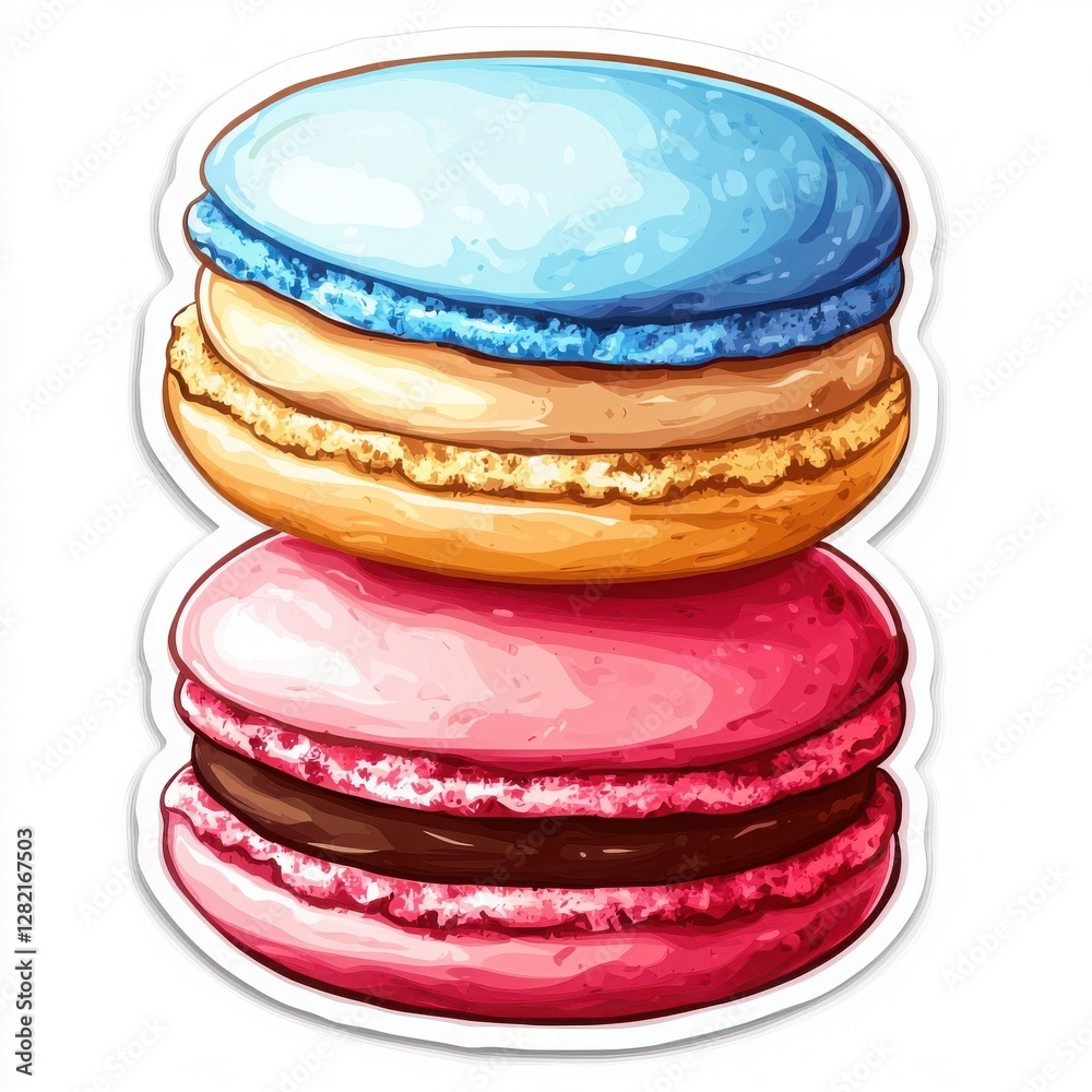 A delectable stack of two colorful macarons. The top is light blue, and the bottom is a vibrant pink, each with a creamy filling. A delectable stack of two colorful macarons. The top is light blue, and the bottom is a vibrant pink, each with a creamy filling.